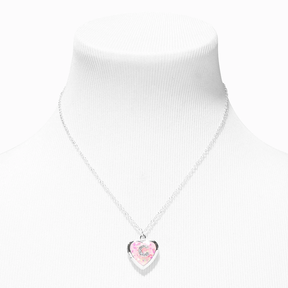 Pink Embellished Initial Glitter Heart Locket Necklace