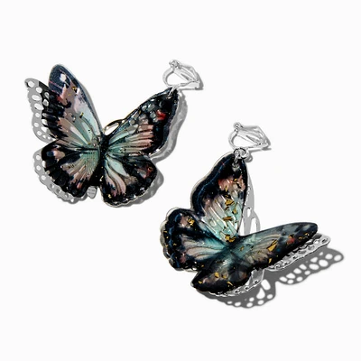 Black Filigree Butterfly 3D Clip-On Drop Earrings