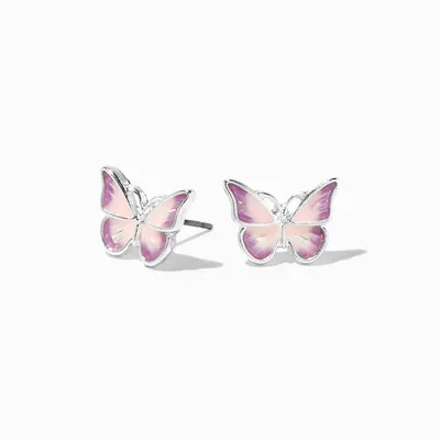 Silver Ombré Pink & Purple Butterfly Stud Earrings