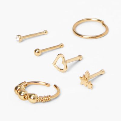 Gold 20G Star Heart Mixed Nose Rings (6 Pack)