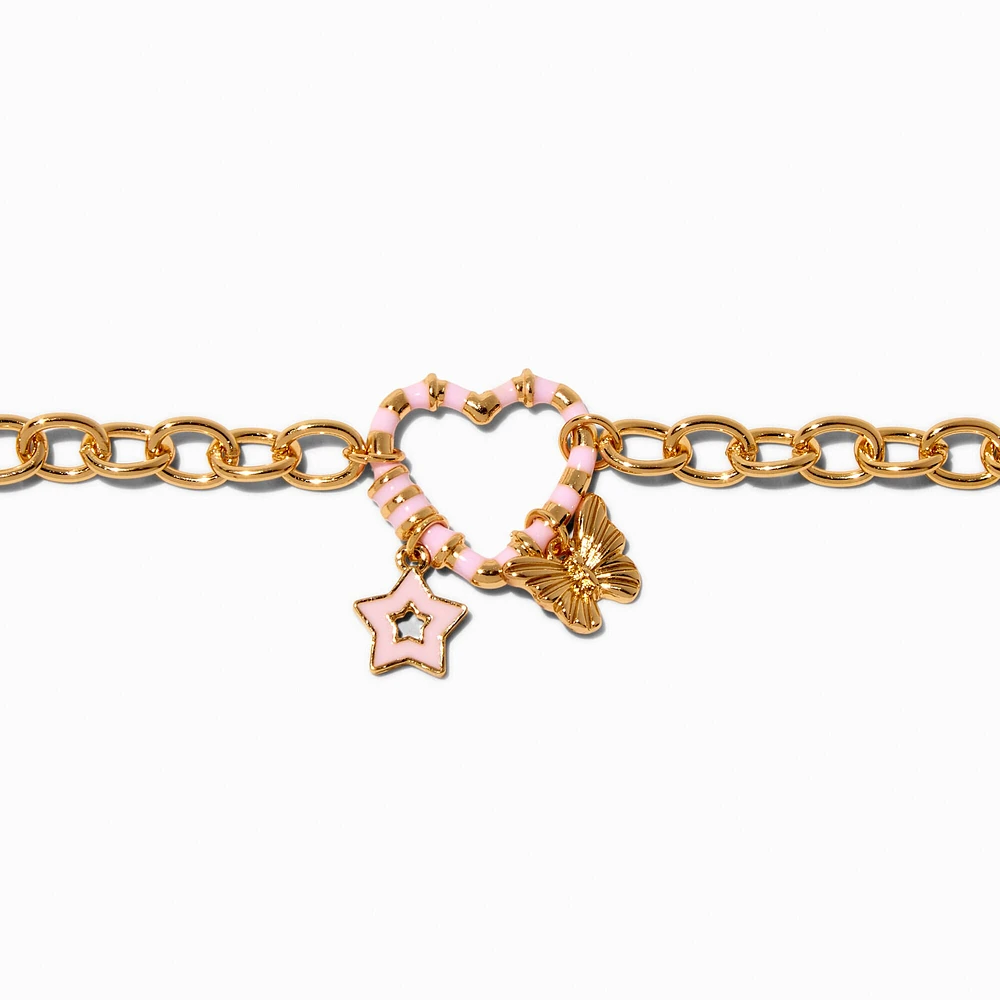 Gold-tone Pink Heart Link Chain Bracelet