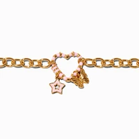Gold-tone Pink Heart Link Chain Bracelet