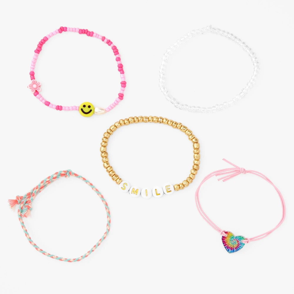 Smile Beaded Stretch Bracelet Set - 5 Pack