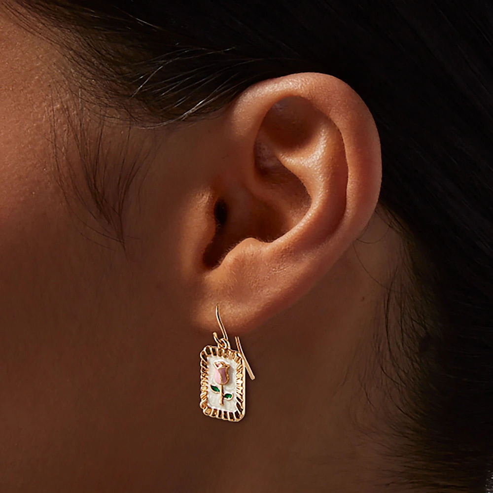 Pink Enamel Rose Medallion Drop Earrings