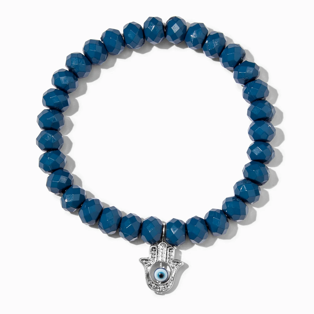 Silver Hamsa Hand Blue Beaded Stretch Bracelet