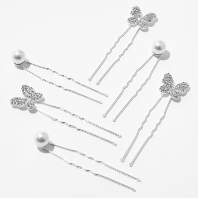 Silver Pavé Butterfly & Pearl Hair Pins - 6 Pack