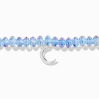 Silver Crescent Moon Blue Beaded Stretch Bracelet