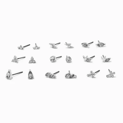 Silver-tone Crystal Cross Mixed Stud Earrings Set - 9 Pack