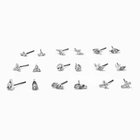 Silver-tone Crystal Cross Mixed Stud Earrings Set - 9 Pack