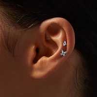 Silver-tone Cubic Zirconia Bow & Stud 18G Stud Threadless Cartilage Earrings - 2 Pack