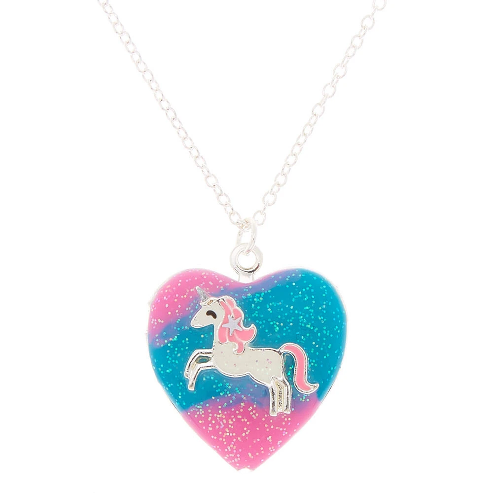 Silver Pastel Unicorn Heart Locket Pendant Necklace