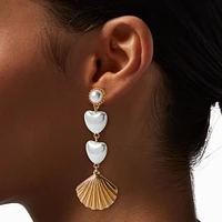 Heart Pearl & Gold-tone Seashell 3" Drop Earrings