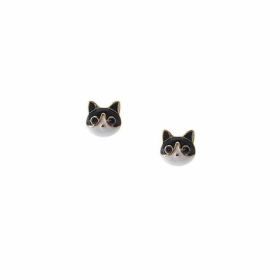 Gold Black & White Cat Stud Earrings