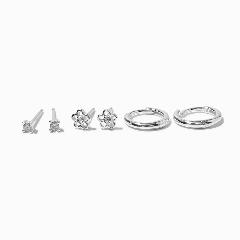 C LUXE by Claire's Sterling Silver Crystal Hoop & Flower Stackable Earrings - 3 Pack