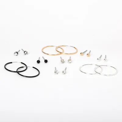 Mixed Metal 20MM Crystal Earrings Set - 9 Pack
