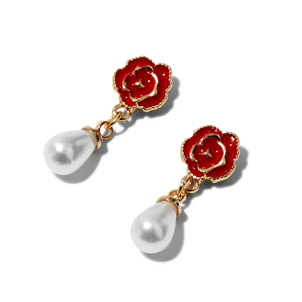 Sculpted Rose & Teardrop Pearl 1" Drop Earrings