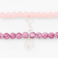 Pink Heart Lock & Key Beaded Stretch Bracelets - 2 Pack