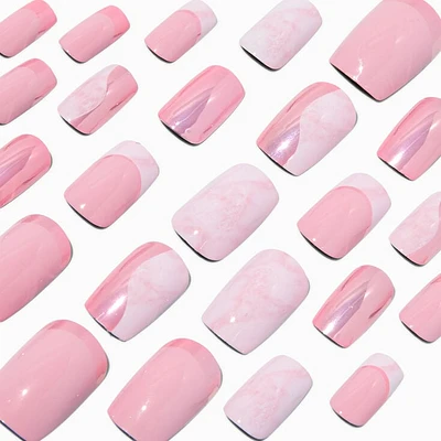Pink Marble & Metallic Mid Square Vegan Faux Nail Set - 24 Pack