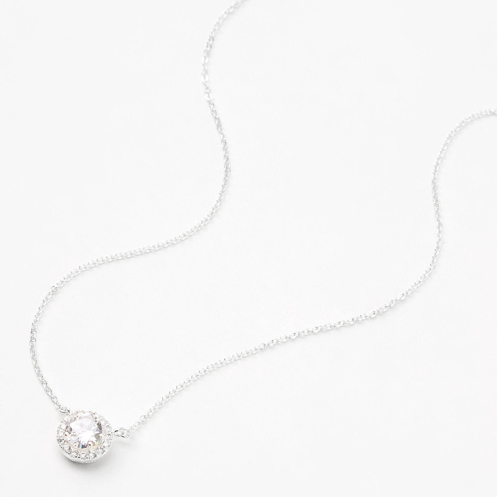 Silver-tone Cubic Zirconia Round Halo Pendant Necklace