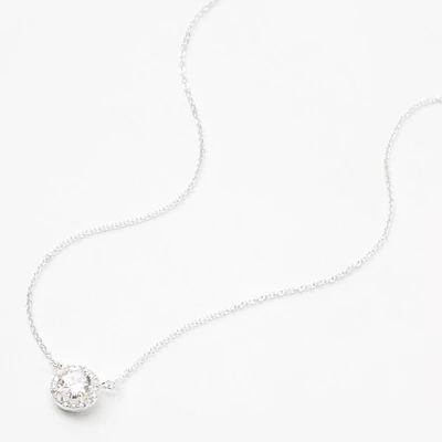 Silver Cubic Zirconia Round Halo Pendant Necklace