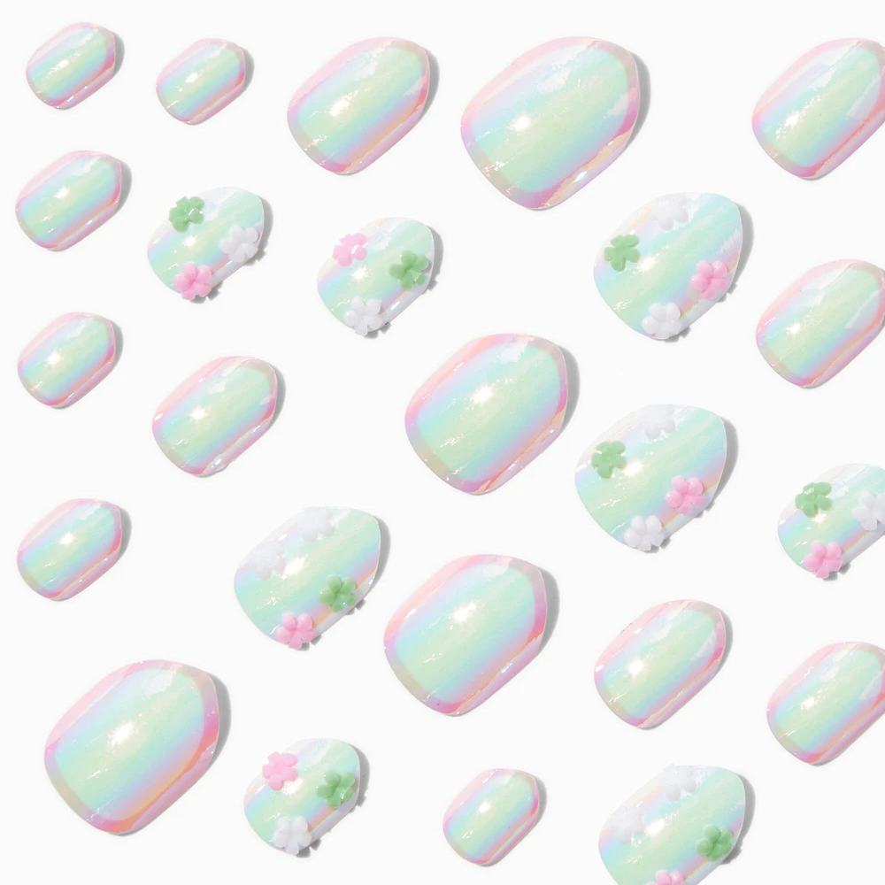 3D Daisy Charm Iridescent Stiletto Press On Faux Nail Set - 24 Pack