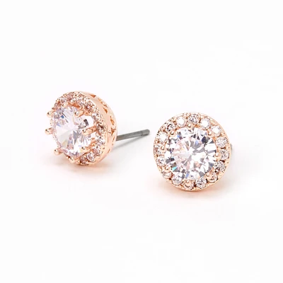 Rose Gold Round Cubic Zirconia Halo Stud Earrings