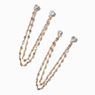Gold-tone Cubic Zirconia Connector Chain Stud Earrings