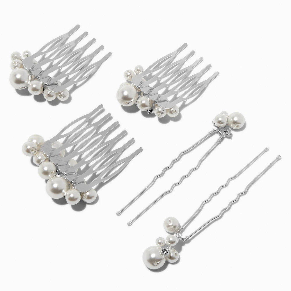 Silver-tone Pearl Hair Combs & Pins - 5 Pack