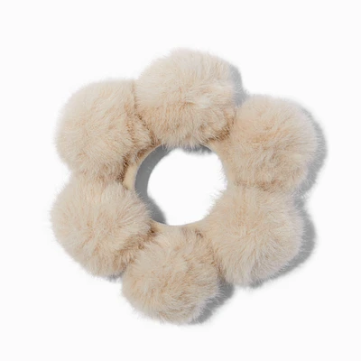 Tan Furry Pom Pom Hair Scrunchie