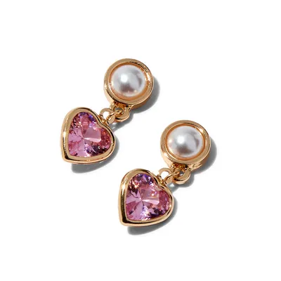 Gold-tone Pearl & Pink Heart Cubic Zirconia 0.5" Drop Earrings