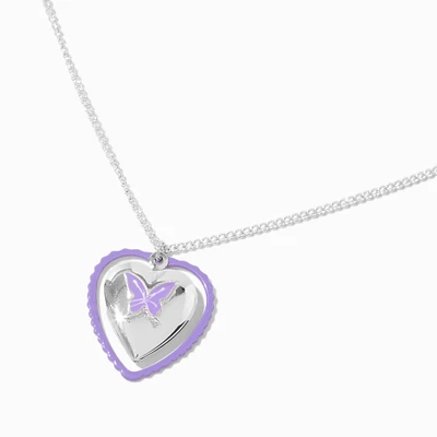 Purple Butterfly Moveable Heart Locket Pendant Necklace