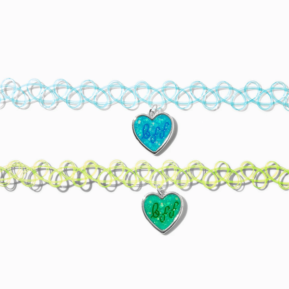 Best Friends Glow in the Dark ''BFF'' Heart Pendant Tattoo Choker Necklaces - 2 Pack