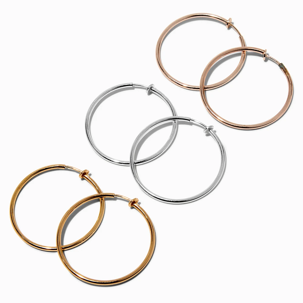 Mixed Metal 40MM Clip On Hoop Earrings - 3 Pack