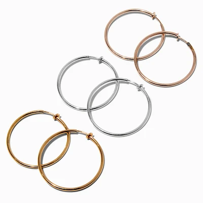 Mixed Metal 40mm Clip-On Hoop Earrings - 3 Pack