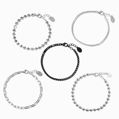 Silver-tone & Black Chain Bracelets - 5 Pack