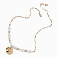 Gold-tone Shell & Pearl Beaded Textured Disc Pendant Necklace