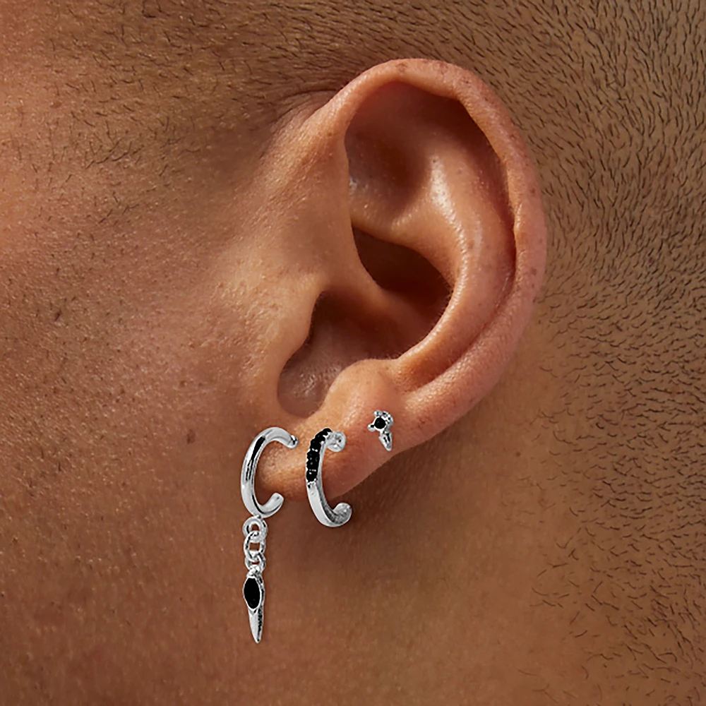 Silver-tone Black Spike Earring Stackables Set - 3 Pack