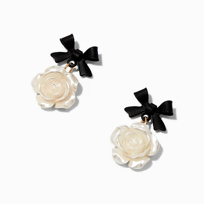 Black Bow Ivory Carved Rose Stud Earrings