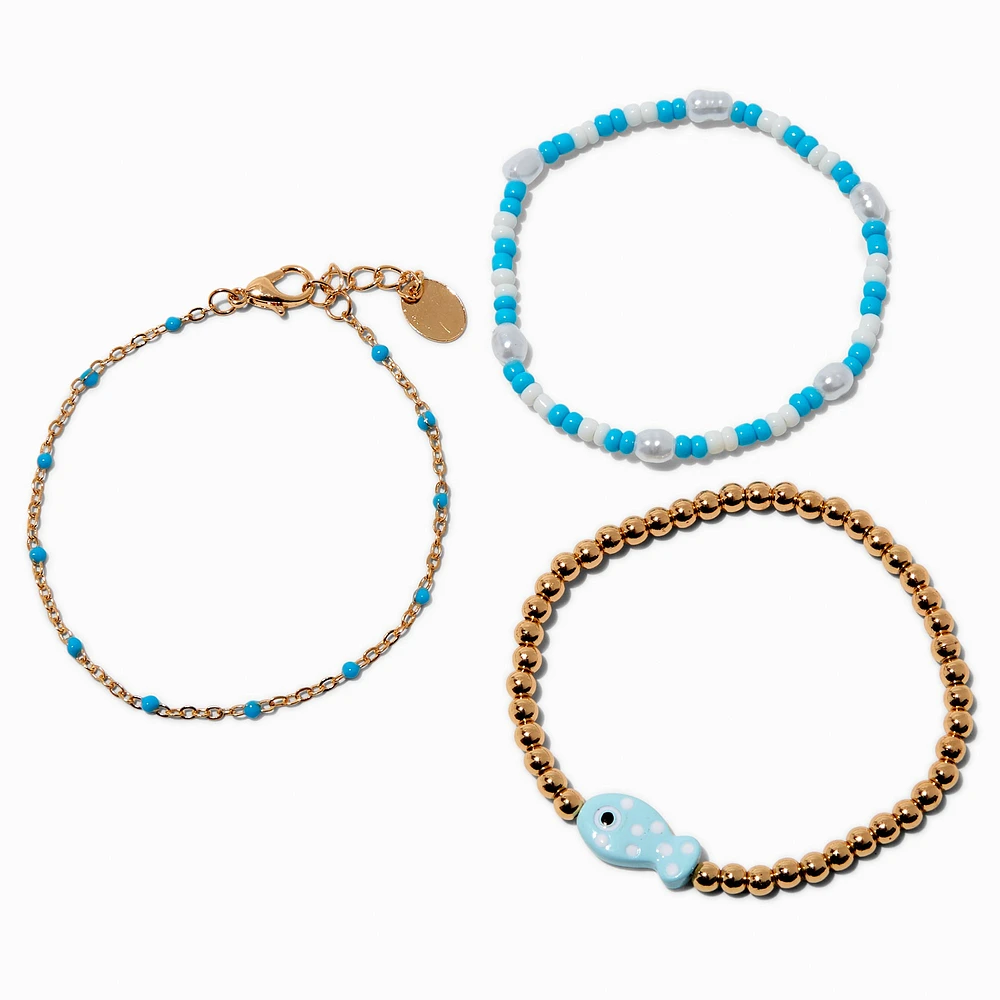 Blue Fish Beaded & Adjustable Bracelet Set - 3 Pack