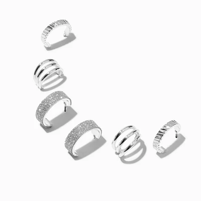 Silver-tone Glitter & Textured Hoop Earring Stackables Set - 3 Pack