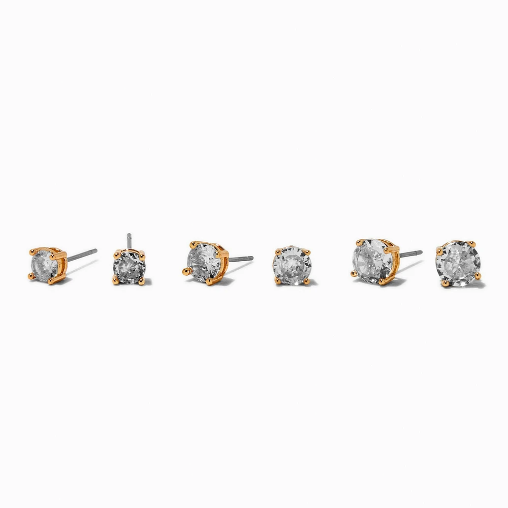 Gold-tone Cubic Zirconia 5mm, 6mm, & 7mm Round Stud Earrings - 3 Pack