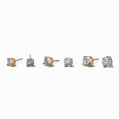 Gold-tone Cubic Zirconia 5mm, 6mm, & 7mm Round Stud Earrings - 3 Pack