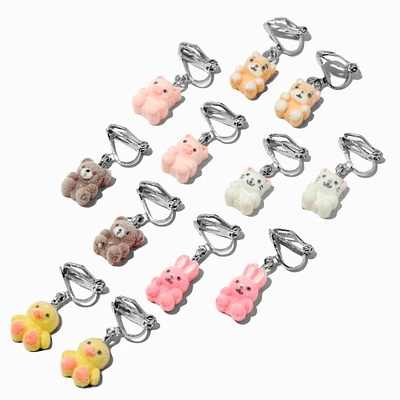 Fuzzy Animal 0.5" Clip-On Drop Earrings - 6 Pack