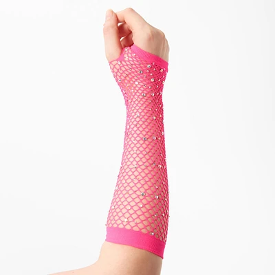 Pink Rhinestone Fishnet Arm Warmers