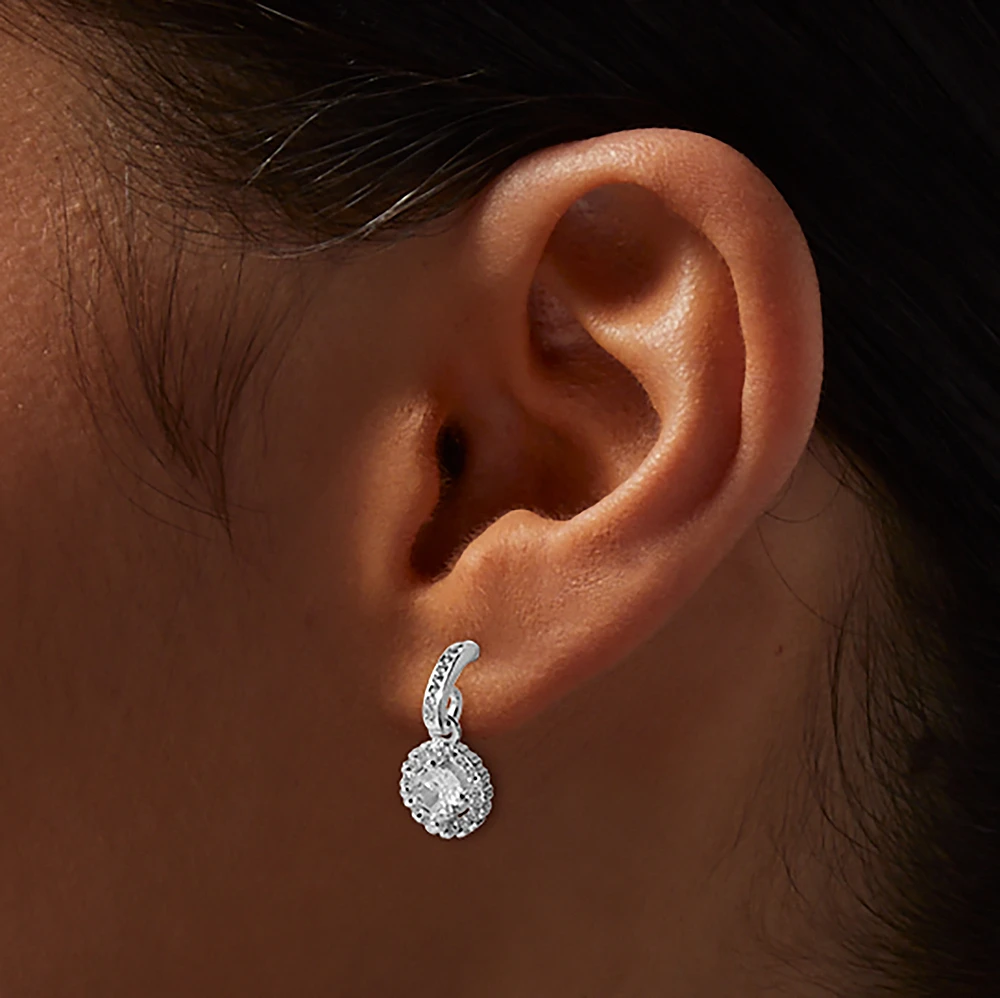 Silver-tone Cubic Zirconia Halo Drop Earrings 