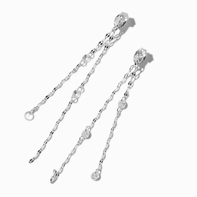 Silver-tone Front & Back Cubic Zirconia Disc Chain 2.5" Linear Drop Earrings