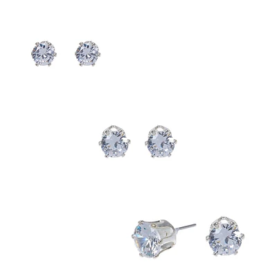 Silver-tone Cubic Zirconia 5mm, 6mm, & 7mm Round Stud Earrings - 3 Pack 