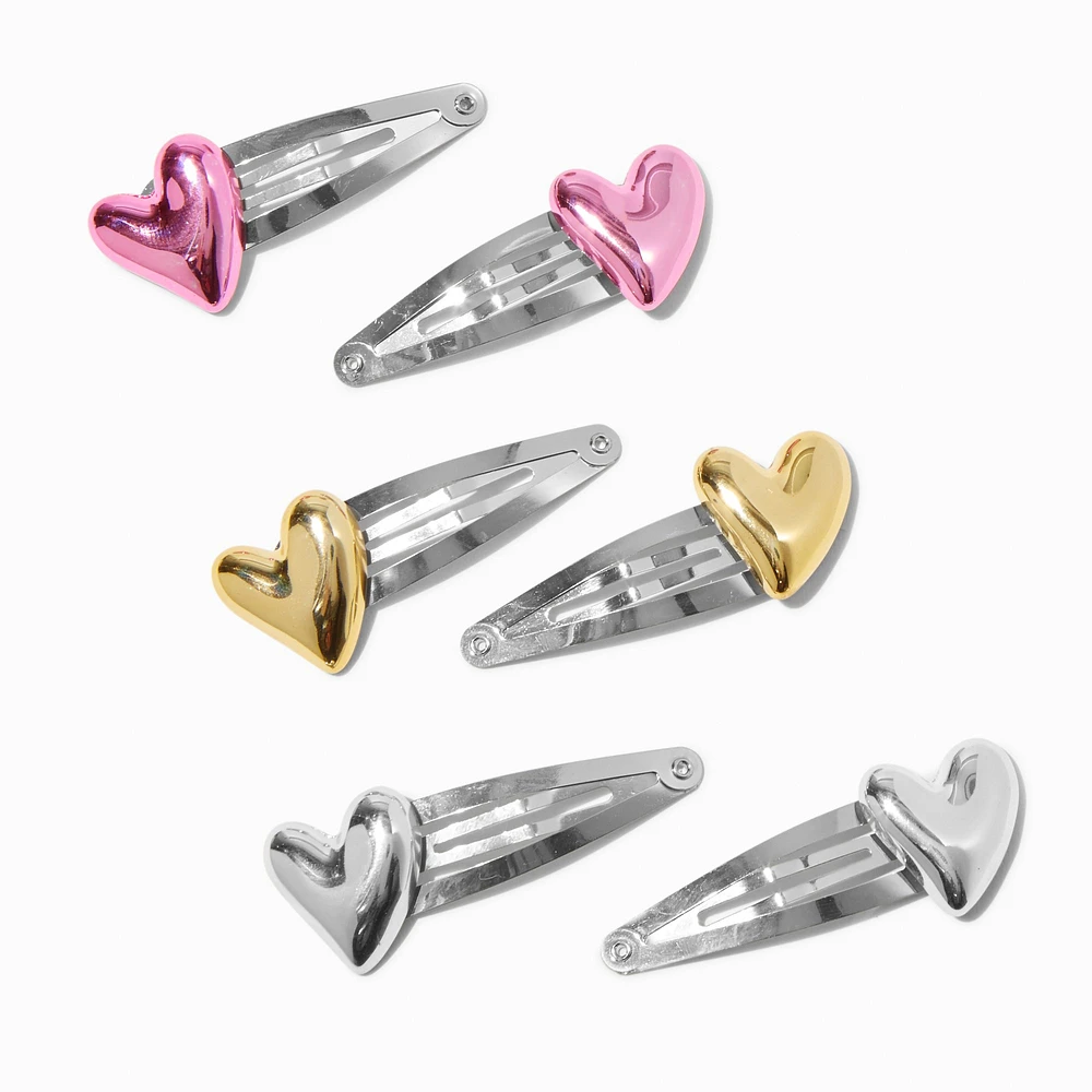 Metallic Puffy Heart Snap Hair Clips - 6 Pack
