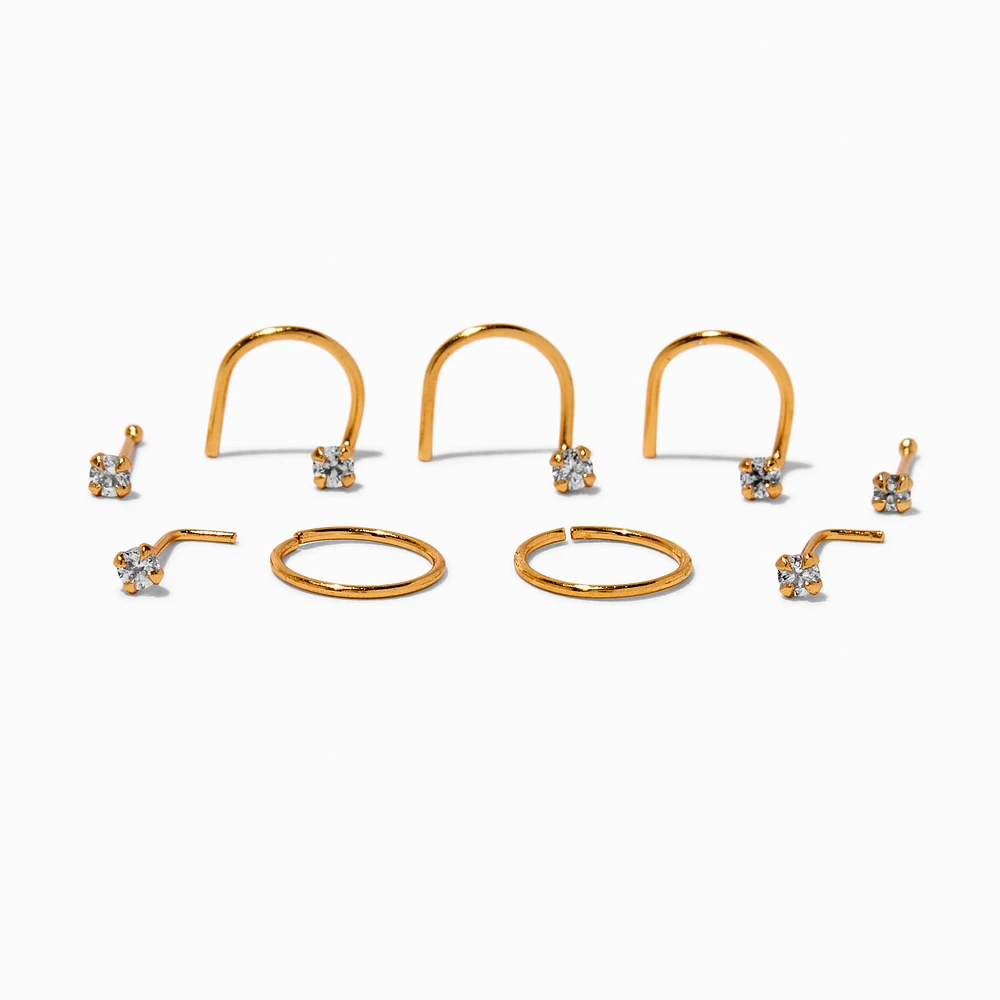 22G Gold-tone Sterling Silver Cubic Zirconia Nose Studs & Rings - 9 Pack