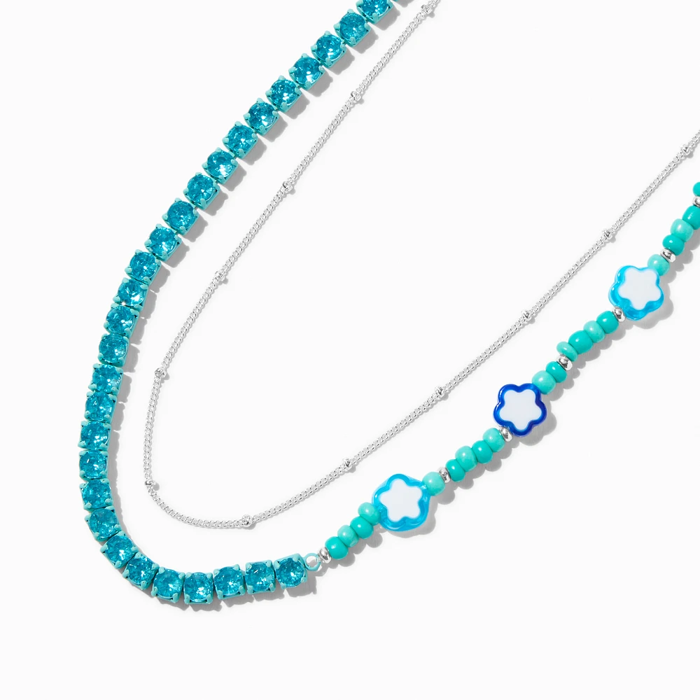 Blue Flower Beaded Silver-tone Chain Multi-Strand Necklace